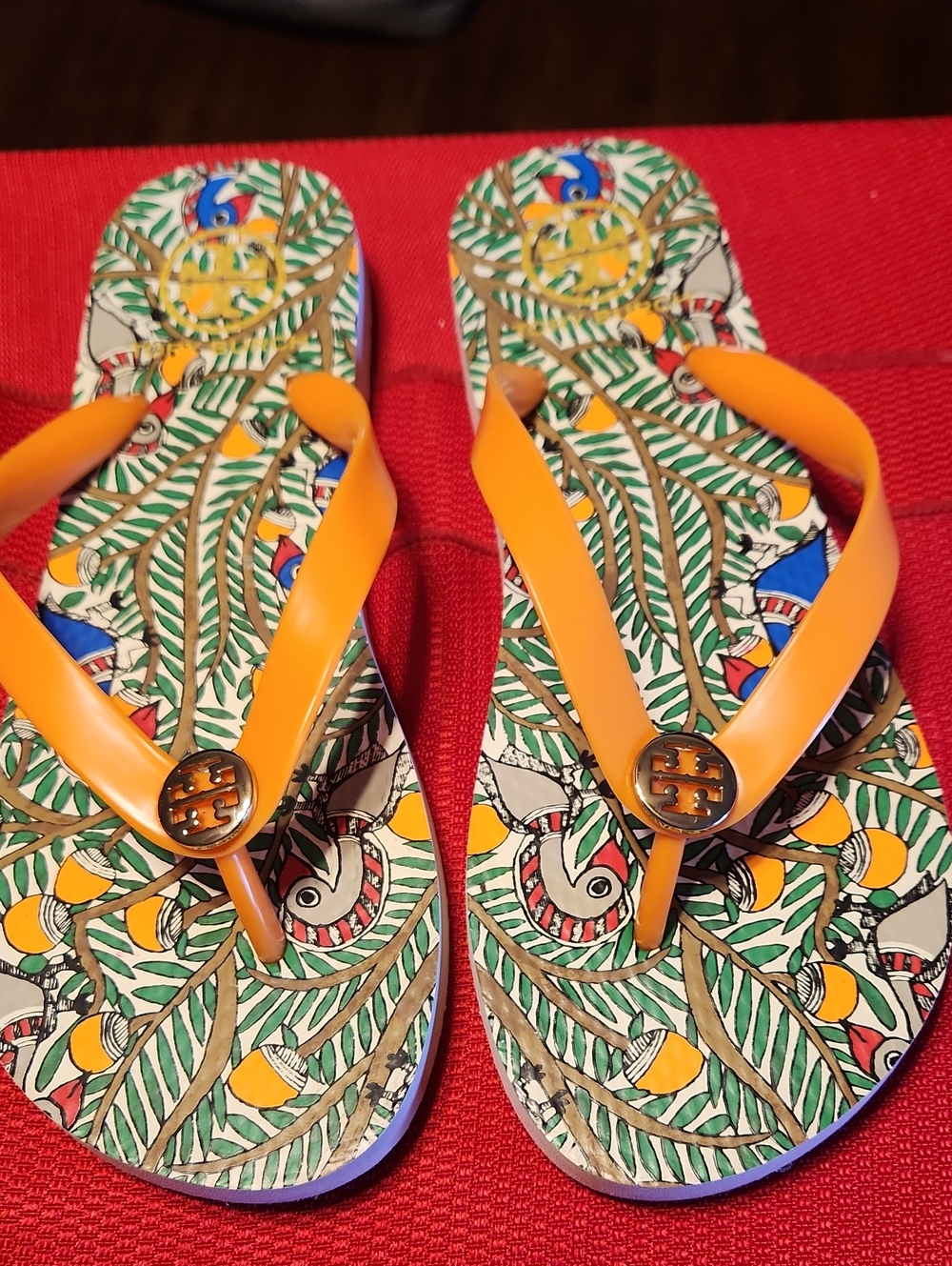 Tory Burch Orange Strap Flip Flop Sandals with Tropical Print